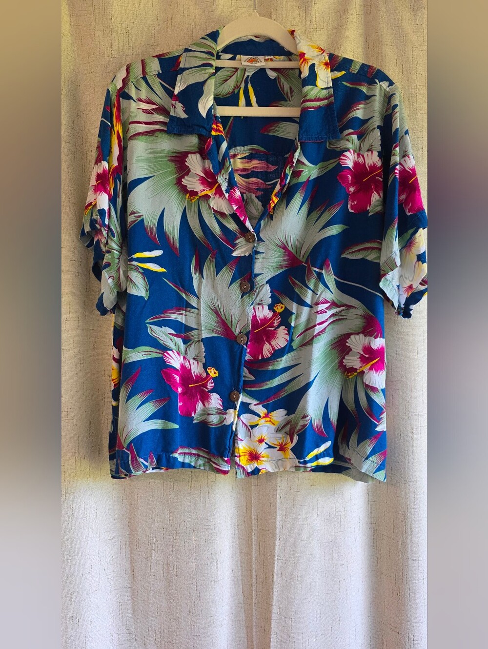 Vintage Makai Beach Women's Blue Tropical Floral Boxy Aloha Shirt With Wear XL